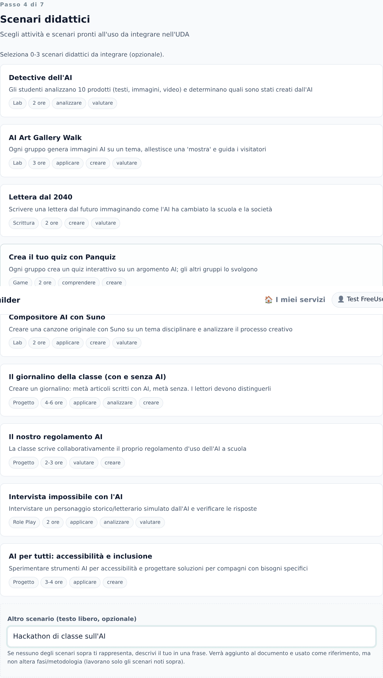 Wizard step 4 con campo per scenario didattico personalizzato
