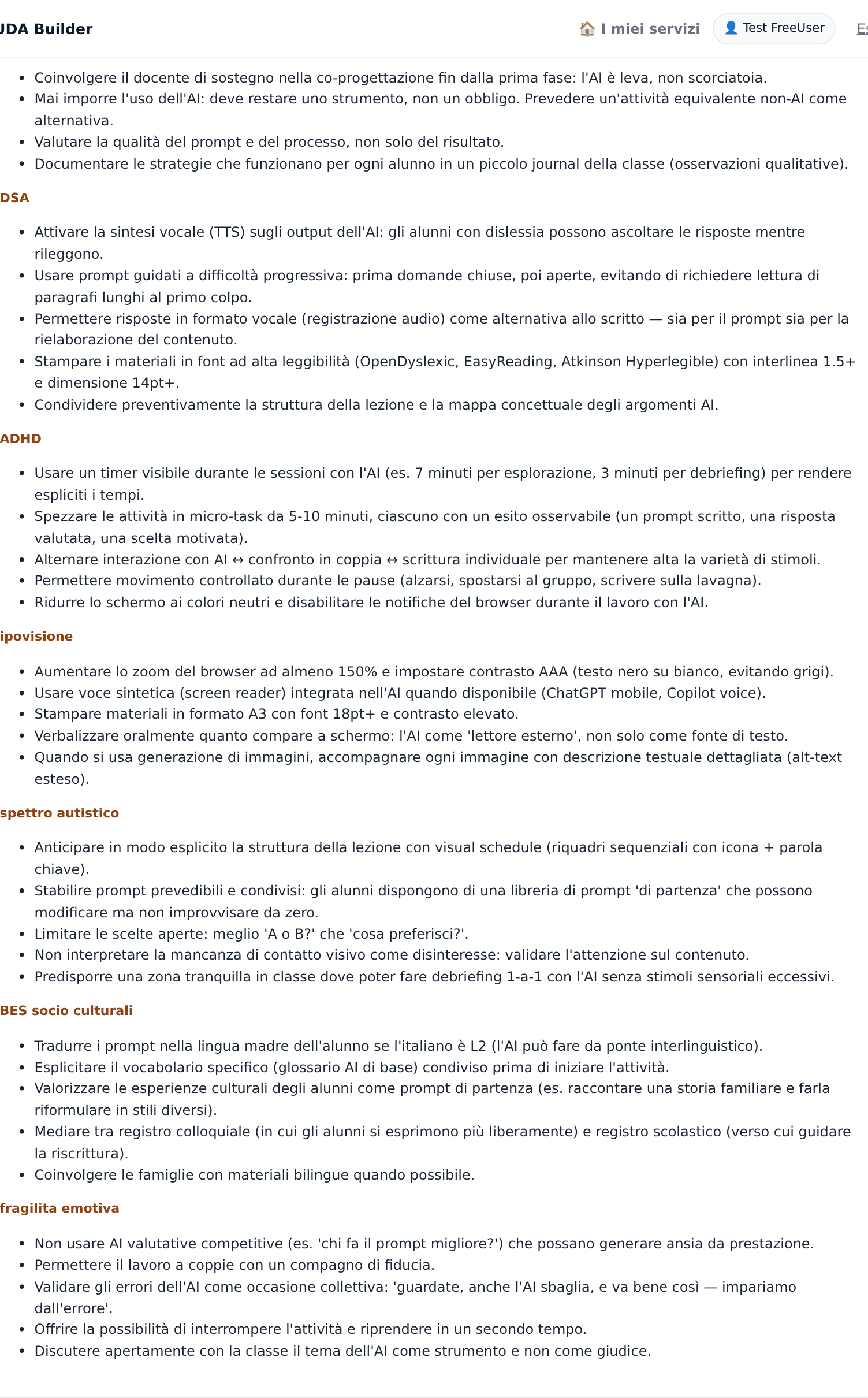 Sezione Inclusione con tips operative per categoria BES