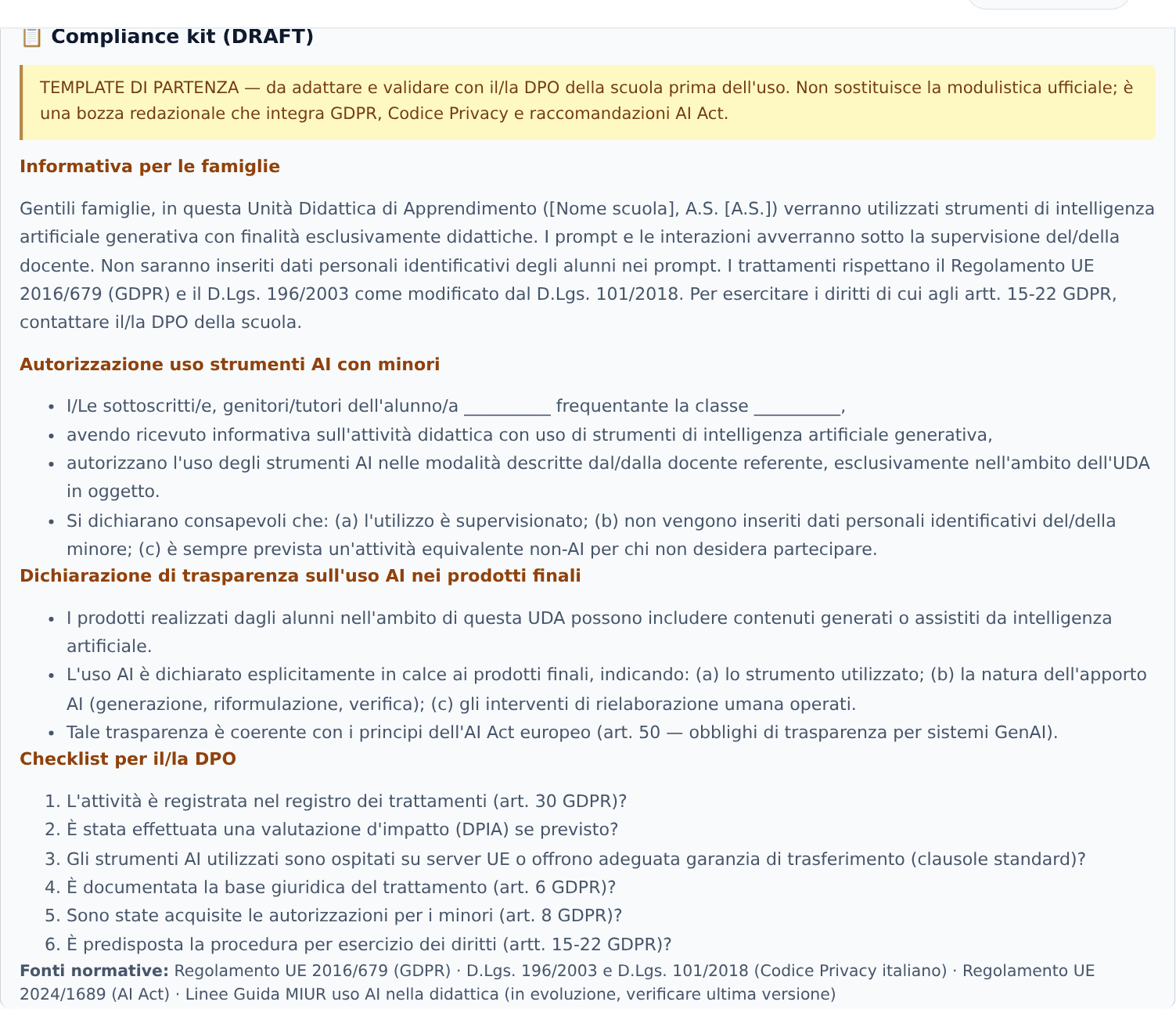Compliance kit con disclaimer e clausole GDPR/AI Act