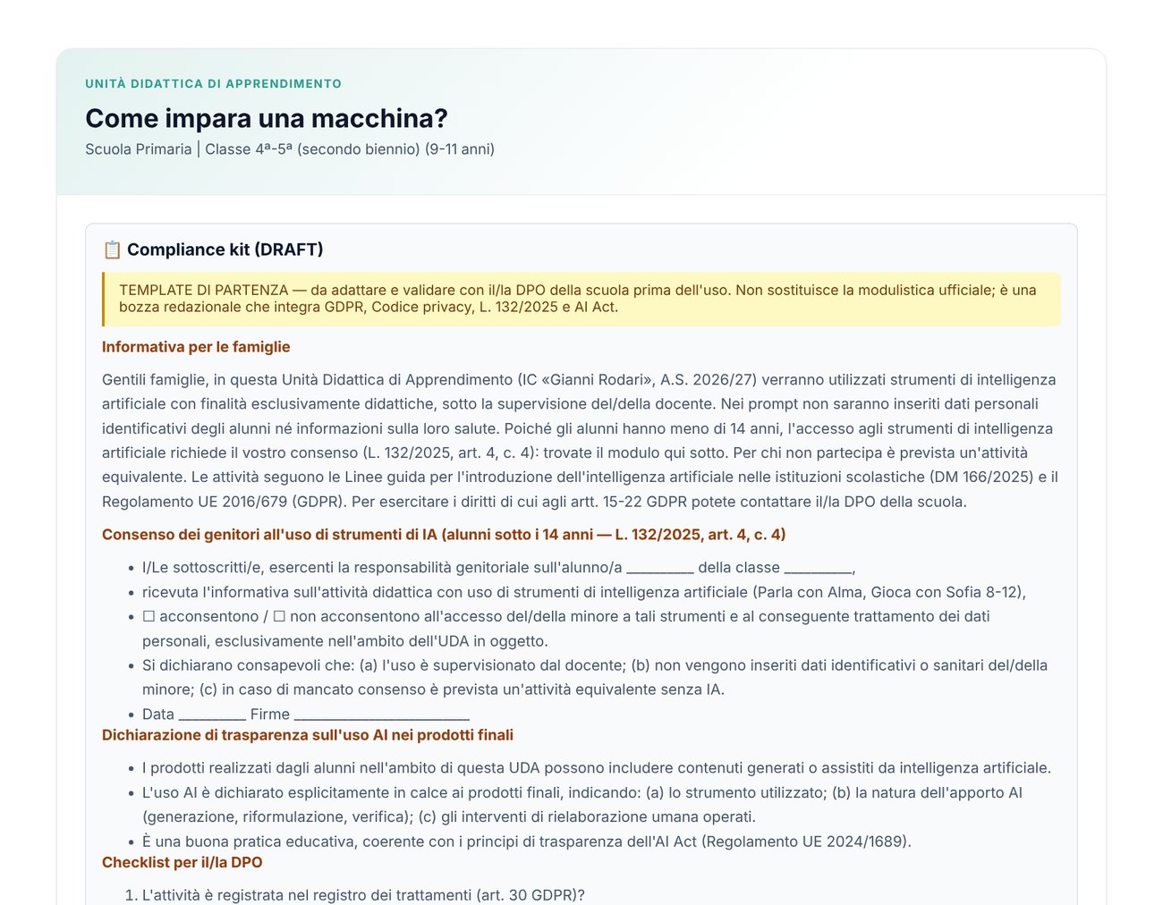Compliance kit con informativa per le famiglie e modulo di consenso dei genitori