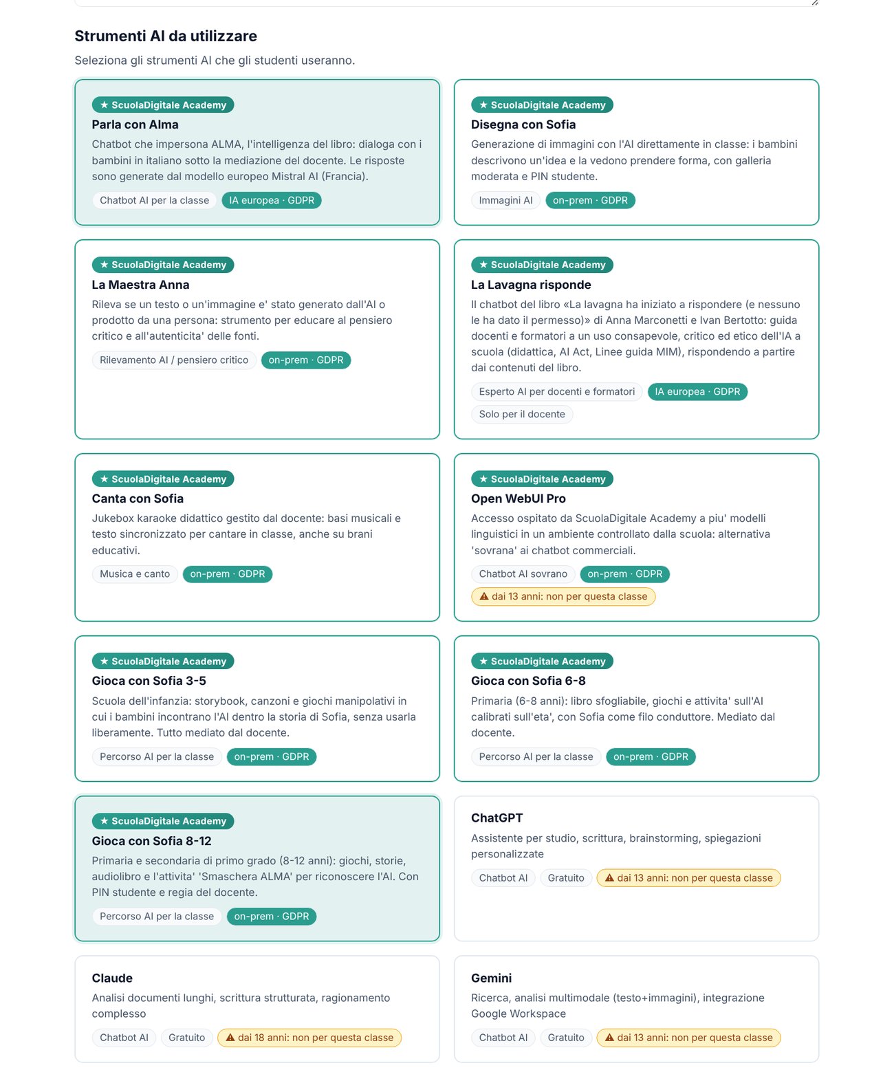 Catalogo degli strumenti AI con i prodotti ScuolaDigitale Academy e gli avvisi sull'età minima