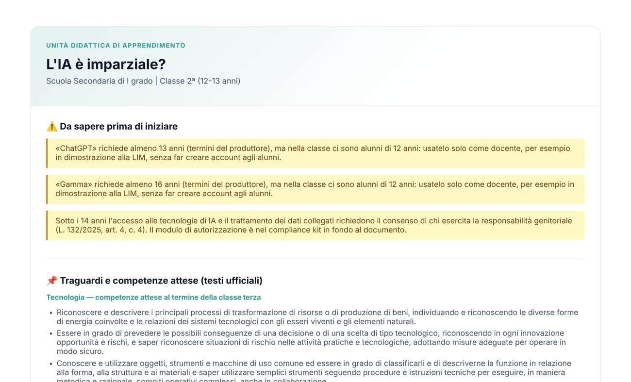Sezione dell'UDA con gli avvisi iniziali e le competenze attese del DM 221/2025